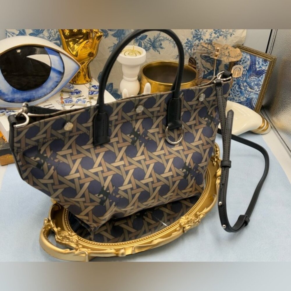 🆕 TORY BURCH 🧿 NWOT Small Basketweave Tote Bag, Cotton Canvas & Leather - AUTH - Picture 7 of 16